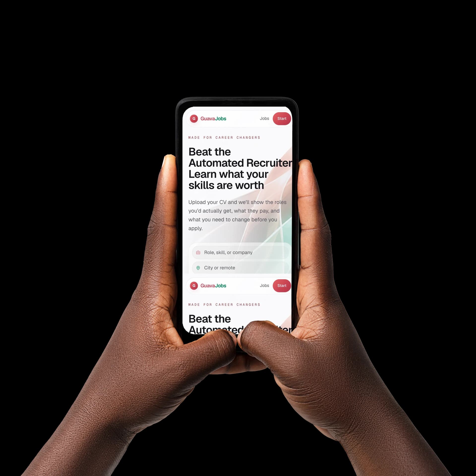 Hand holding a phone displaying a web application